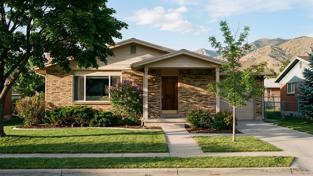 Single-story brick home with a covered porch and front lawn, mountains in the background