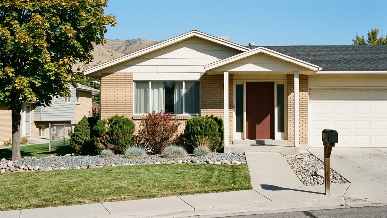 Brick rambler with a red front door, rock landscaping, and foothills behind it