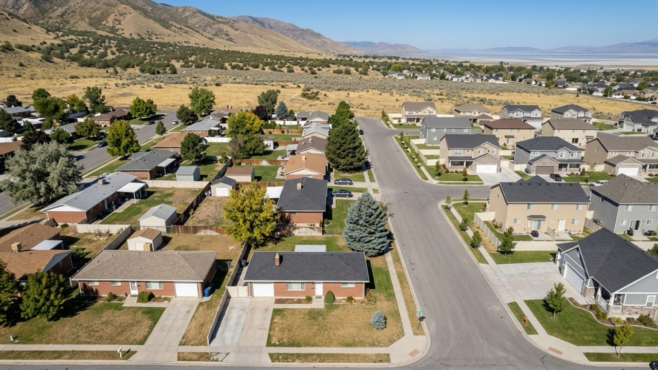 Aerial view of a suburban neighborhood with older brick homes and newer two-story houses